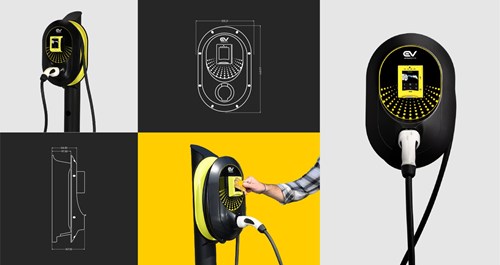 Collage of photographs of a black and yellow EV charging socket